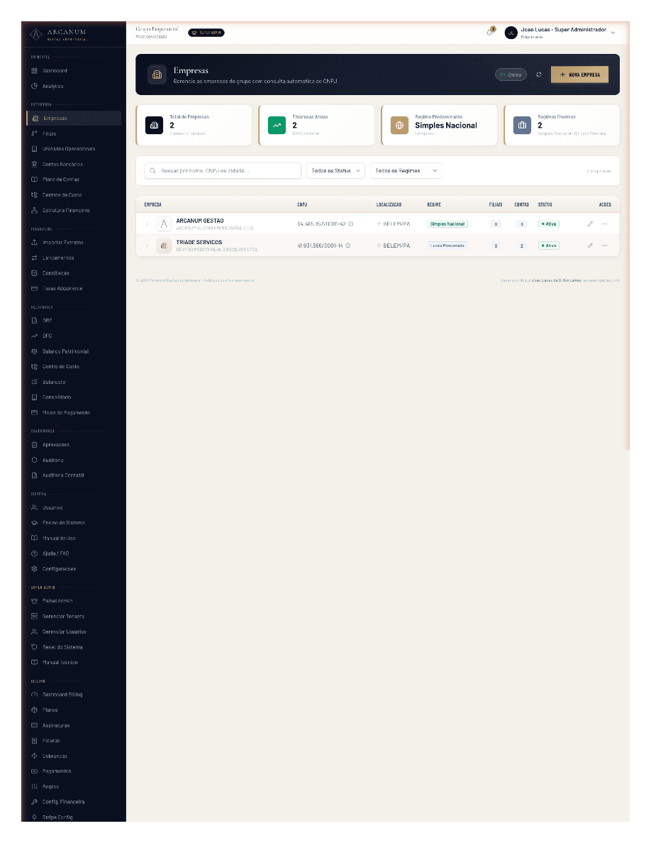 Gestão multi-empresa na plataforma Arcanum